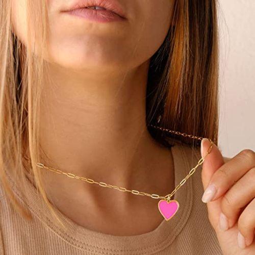Pink Heart Pendant with Paperclip Chain Necklace