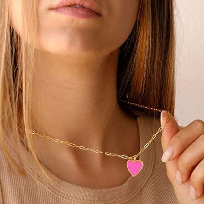Pink Heart Pendant with Paperclip Chain Necklace