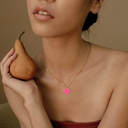Pink Heart Pendant with Paperclip Chain Necklace